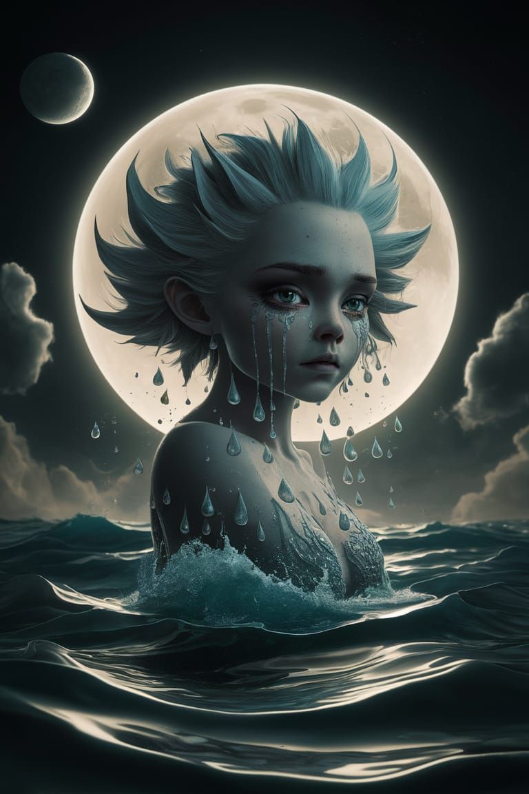 Surreal Anthropomorphic Teardrop Explosion Over Dark Ocean