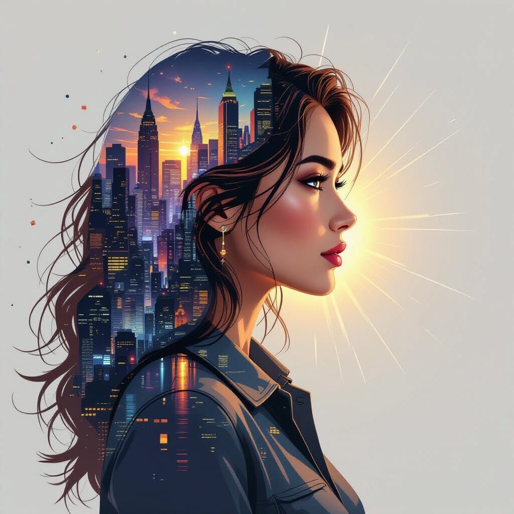 Radiant Cityscape Woman: Detailed Artistic Profile