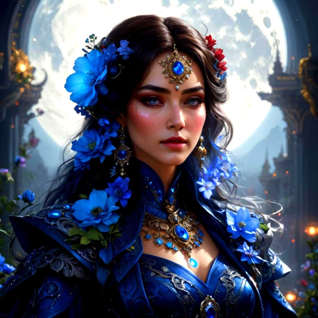 Hyperrealistic Portrait of Woman with Moon Backdrop