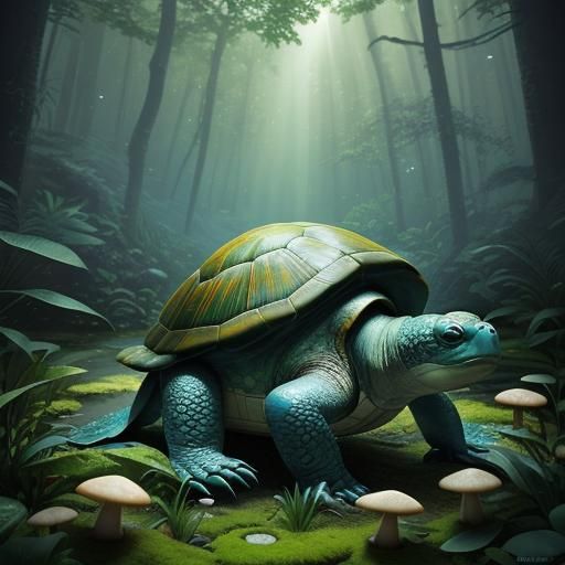 Turtle Plays Flute in Lush Forest: Fantasy Art