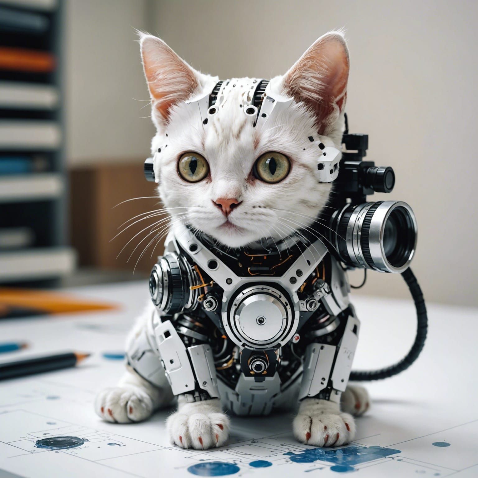 Ciencia ficción, pequeño gatito cyborg blanco y esponjoso mirando al espectador con una extremidad cibernética mirando a...