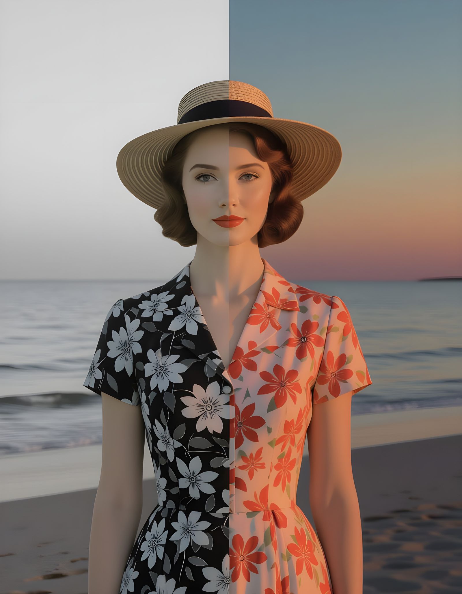 Vintage 1940s Woman at Dusk Beach