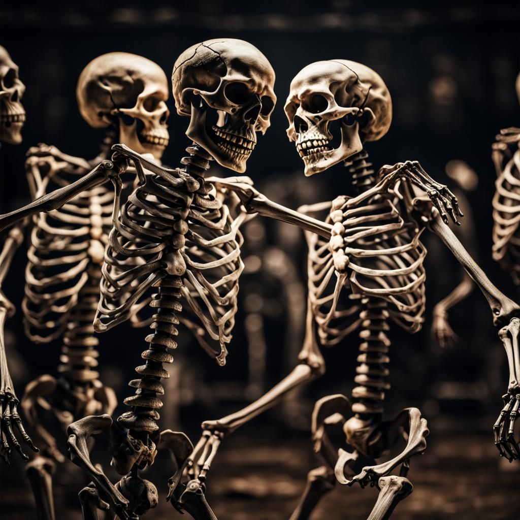Dance Macabre: Skeletons Dancing in Hyperrealistic Style