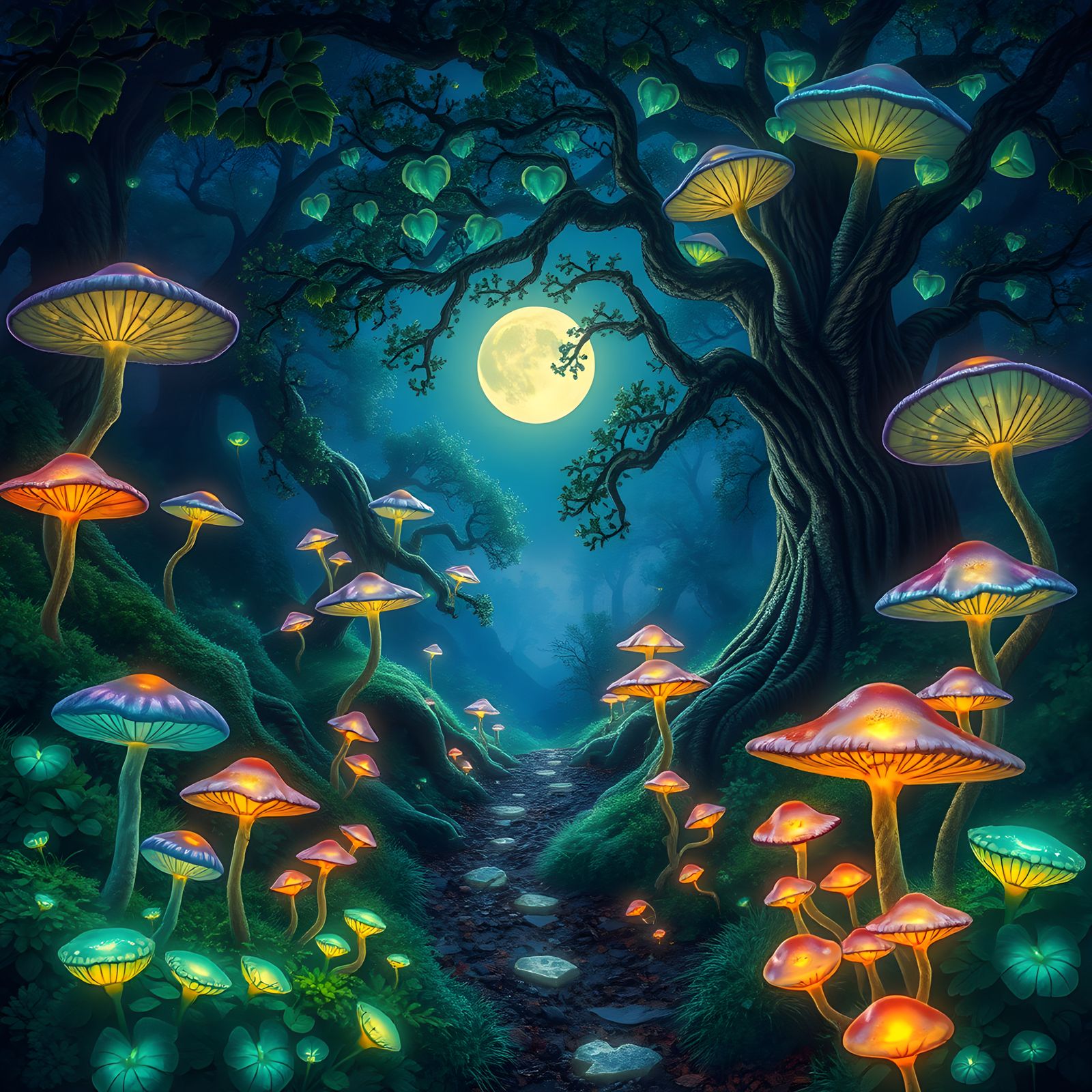 Enchanted Forest at Night, Glowing Fantasy Art