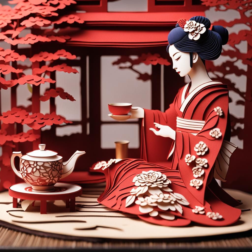 Kirigami Geisha Tea Ceremony in Van Gogh Style