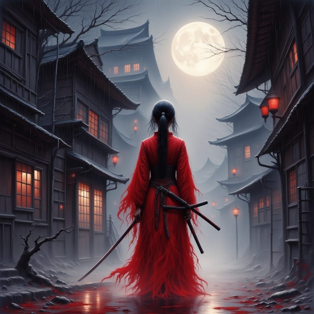 Crimson Kunoichi in Moonlight Rain