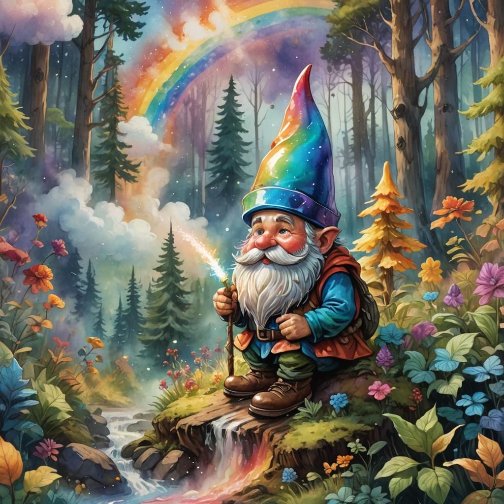 Gnome Rides Rainbow Dust Cloud in Watercolor Style