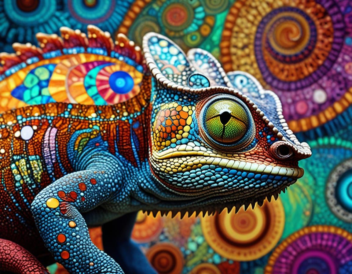 Kaleidoscopic Chameleon in Klimt-Inspired Art Nouveau Style