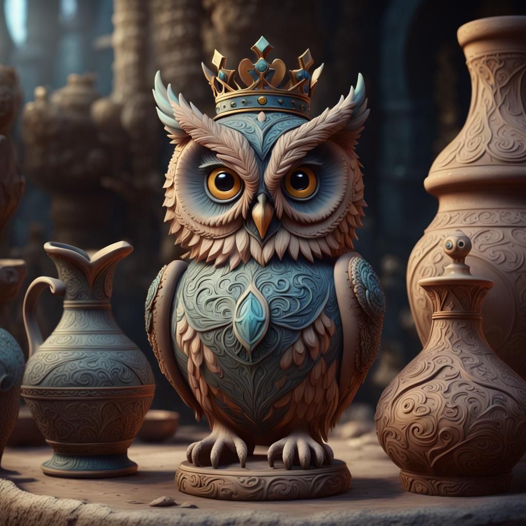 Decanter Owl in Royal Crown: Clay Pottery Art