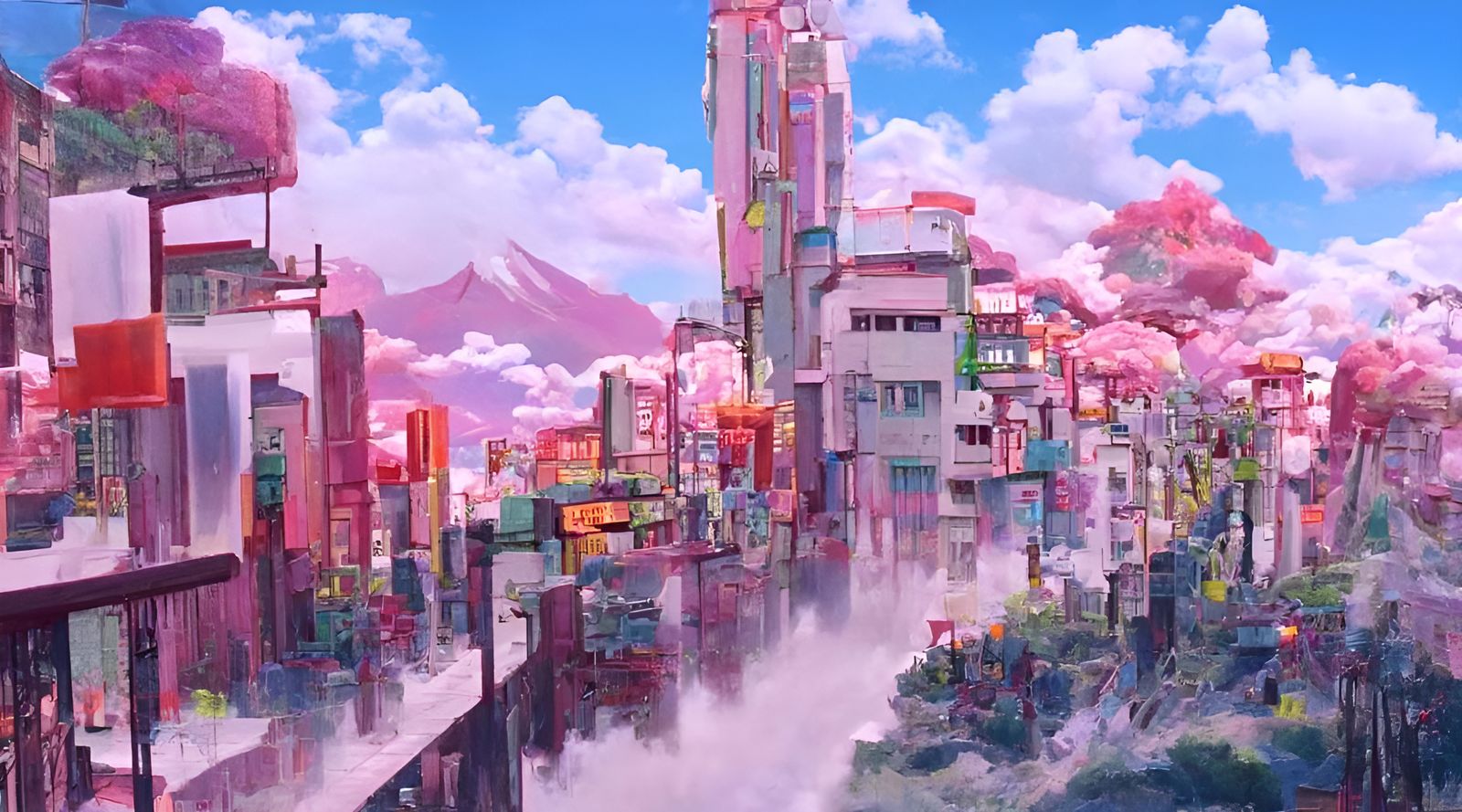 Anime Cityscape with Fractal Lights in Pastel Colors