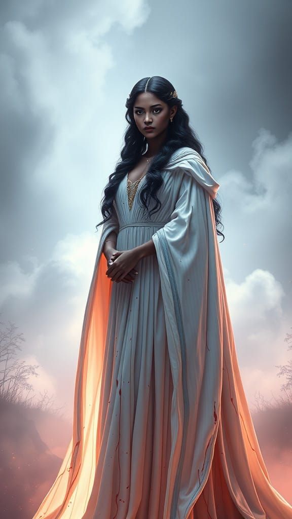 Regal Queen with Dark Brown Skin and Wavy Black Hair Stands...