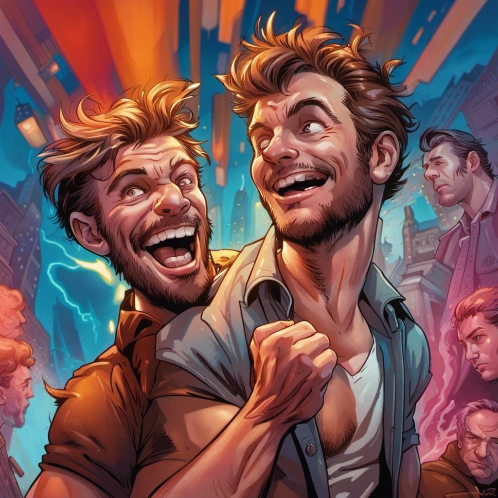 Happy Male Friends in Comic Book Style
