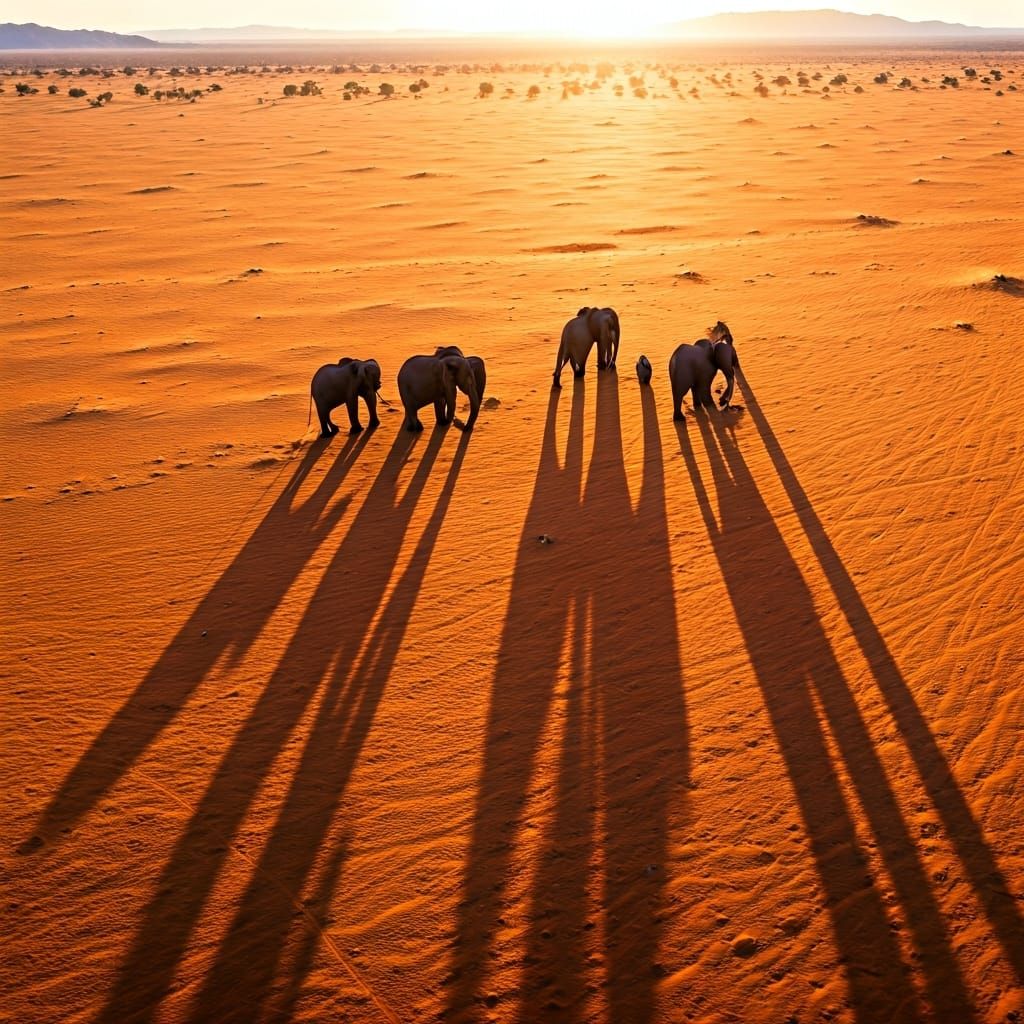 Elephants Casting Shadows in Desert Landscape