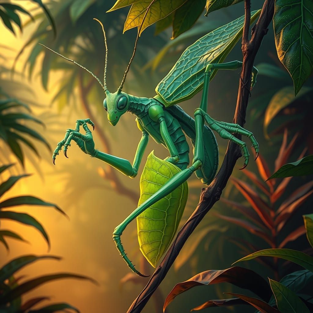 Humanoid Leaf Insect in Geometric Fantasy Style