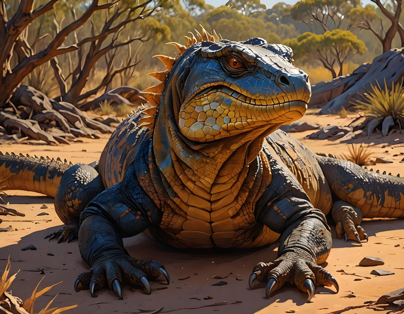Vibrant Dreamtime Goanna in Warm Australian Sunset