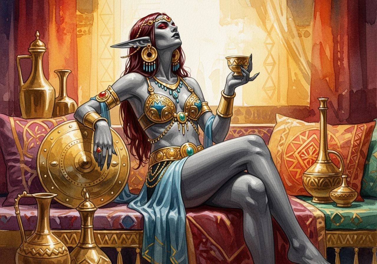 Dark Elf in Opulent Interior as Watercolor Painting