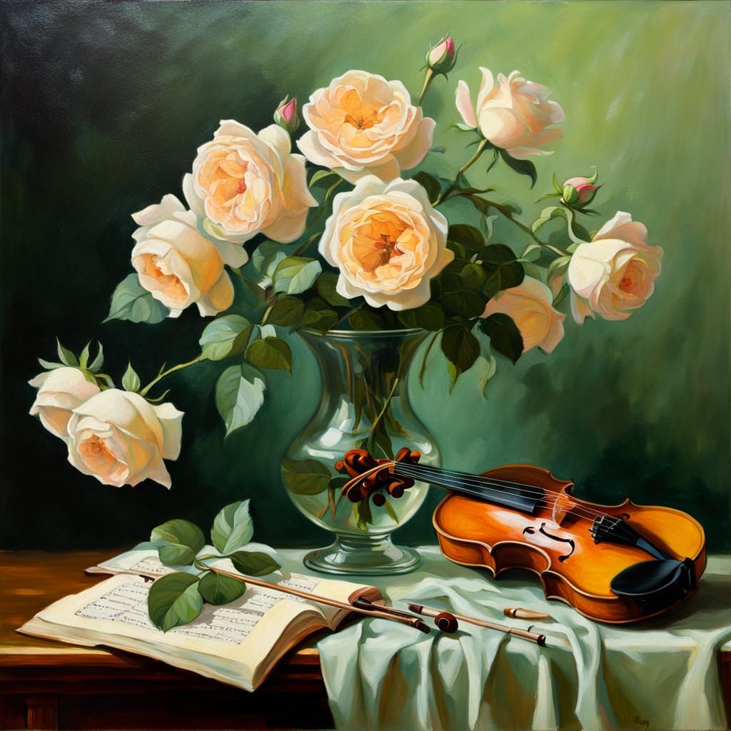 Violin and Roses Oil Painting in Gurney Style