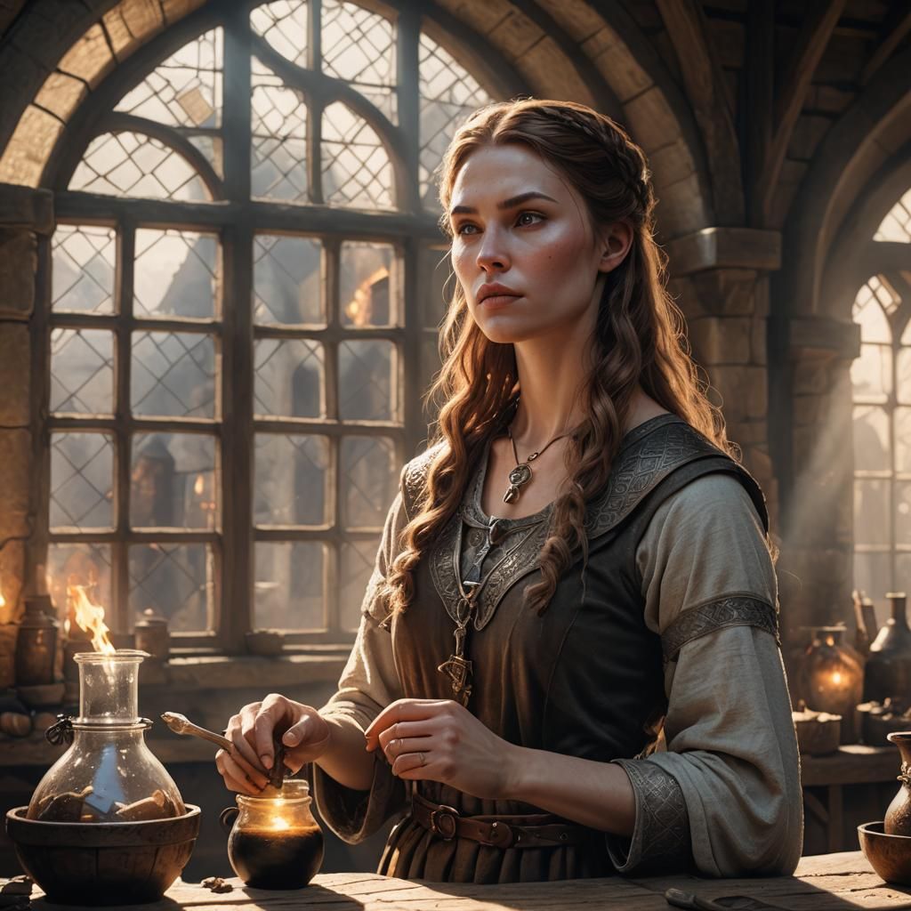 Viking Warrior Woman Stirring Potion in Lab
