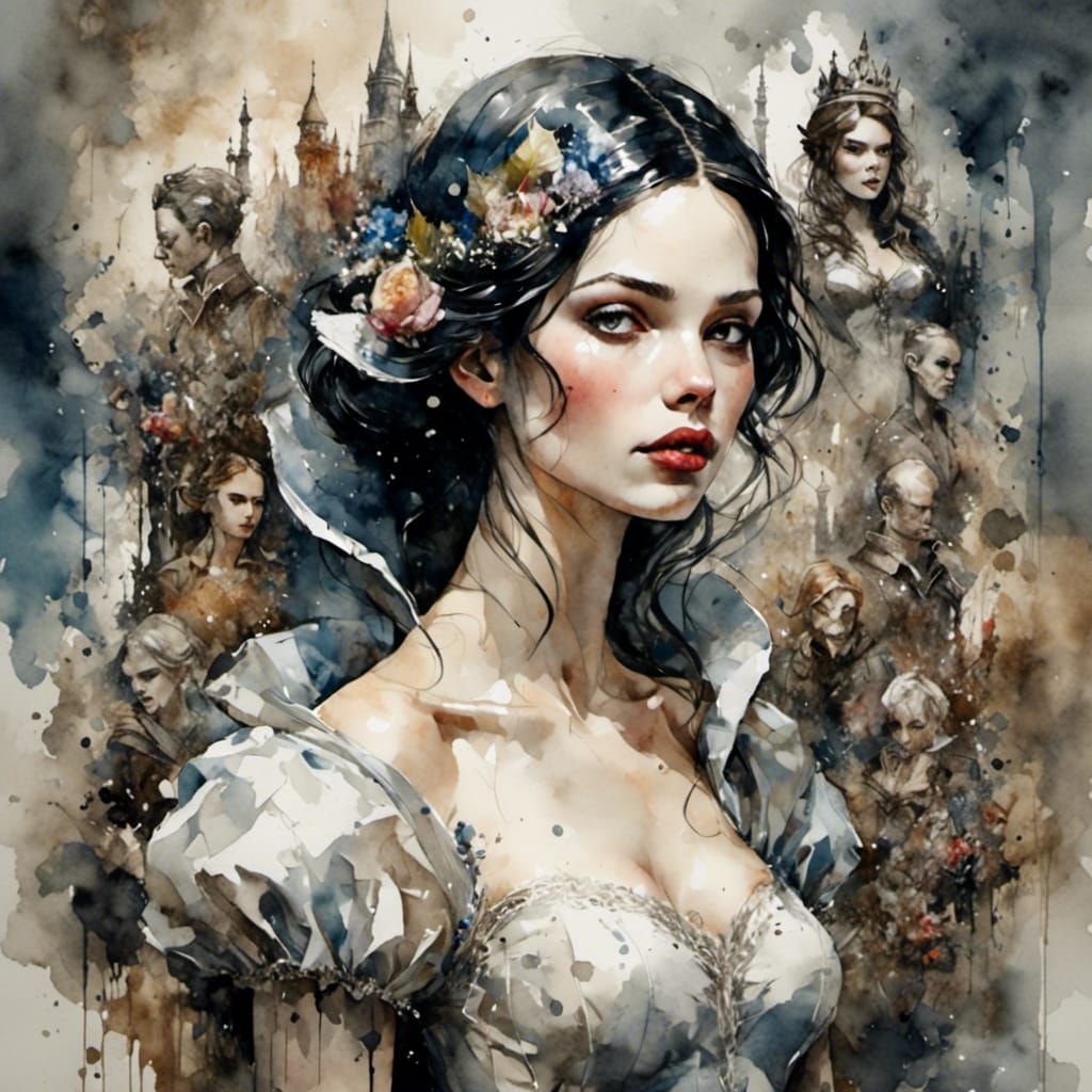 Snow White Chess Pieces in Antique Watercolor Style