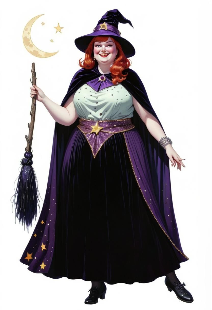 Chubby Red-Haired Witch in Starry Night, Golden Age Illustra...