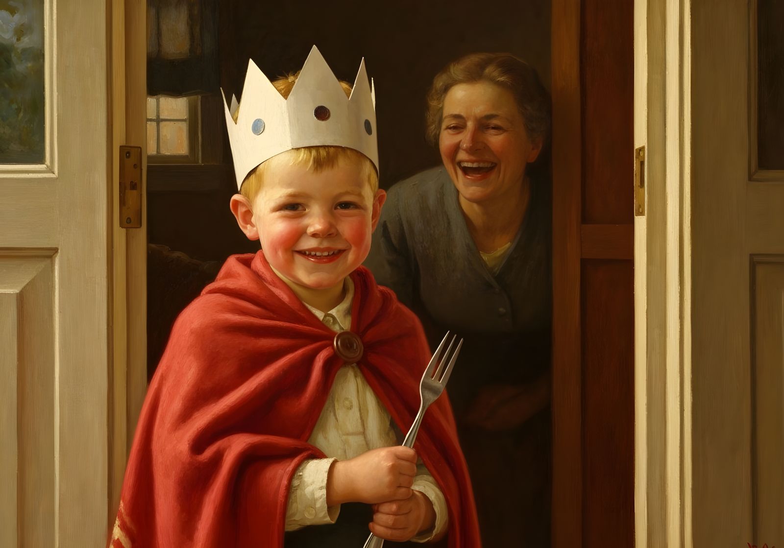 Proud Boy in Paper Crown Oil Painting