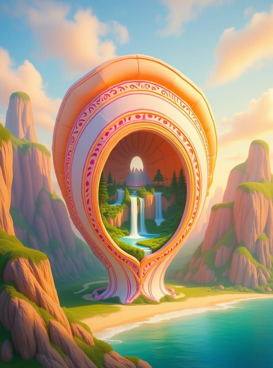 Fantastical Seashell Paradise with Waterfalls