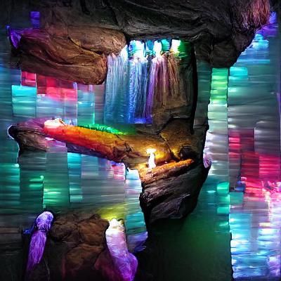 Rainbow Crystal Cave with Reflective Waterfall