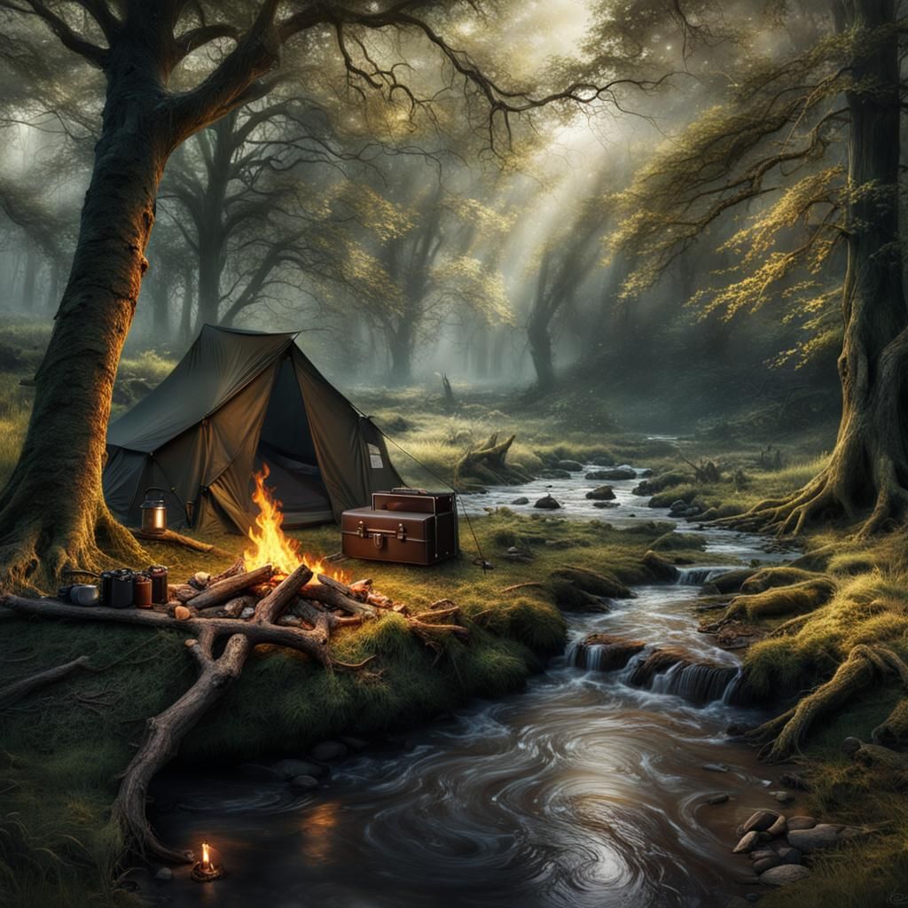 Idyllic Campsite by a Brook: Digital Matte Painting