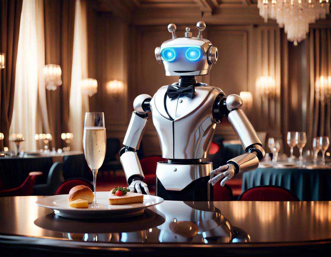 Robot Butler Serving Champagne in Elegant Ballroom