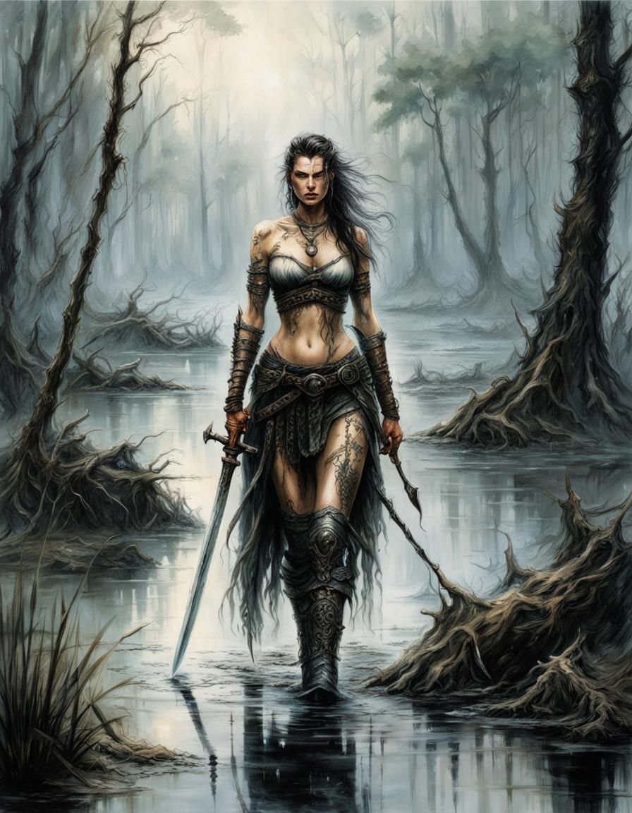 Tattooed Adventuress in Swamp, Dark Fantasy Illustration