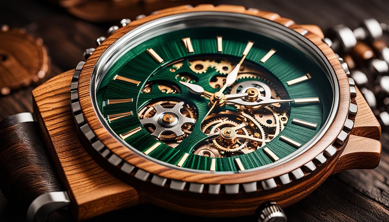 Steampunk Wooden Timepiece with Dark Green Silver