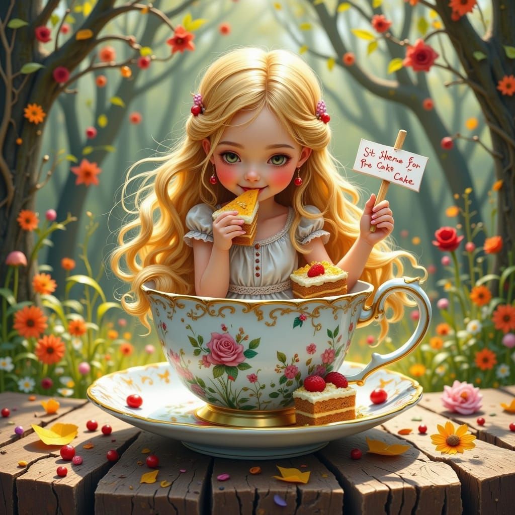 Girl Enjoys Cake in Teacup World