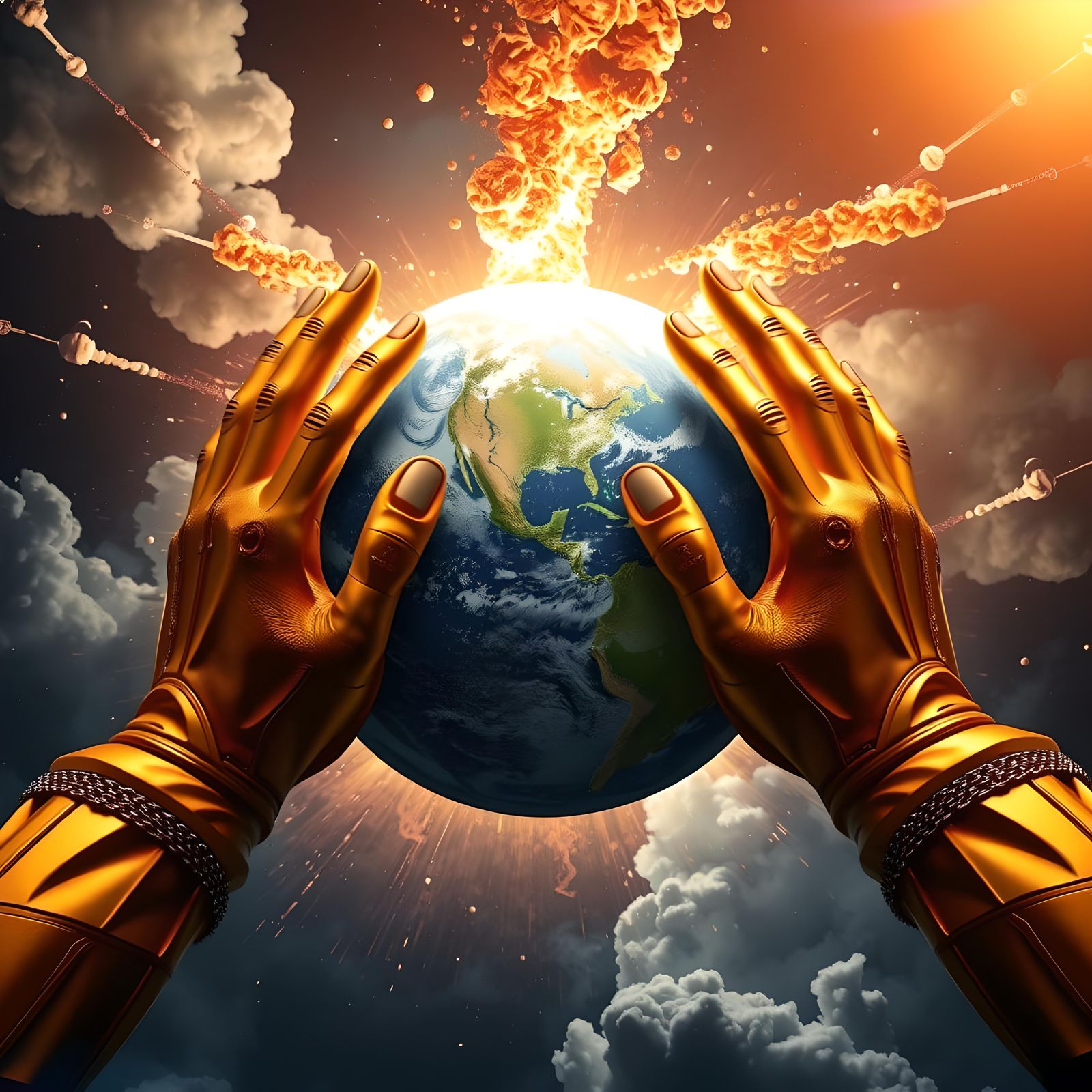 Golden Hands Hold Earth During Explosion