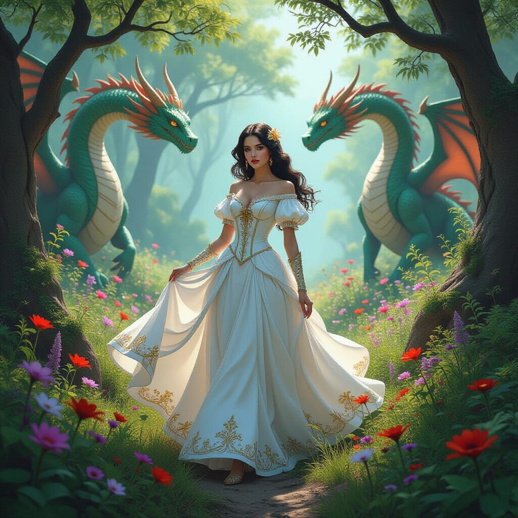 Snow White and Dragons in Mystical Forest