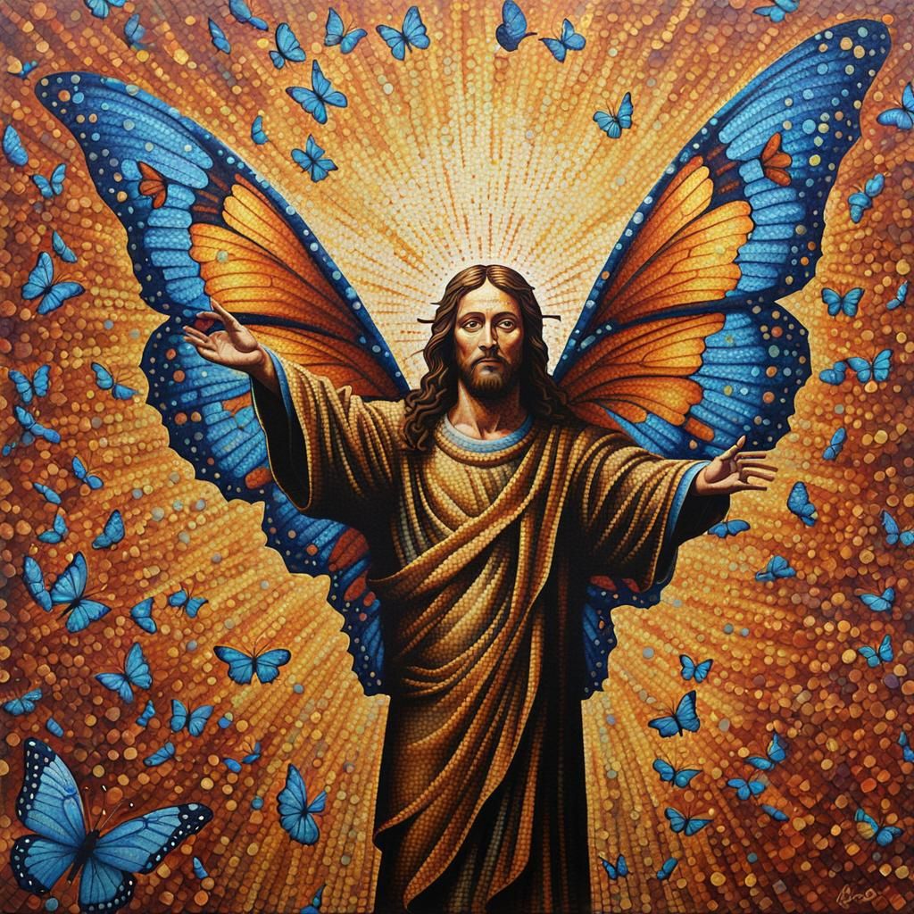 Butterfly Jesus in Kinetic Pointillism Style