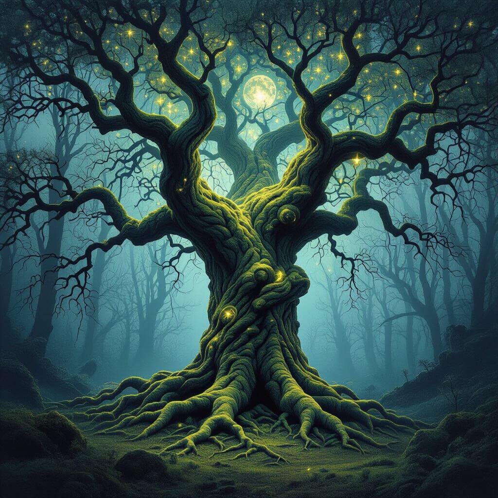 Ancient Tree With Serpentine Roots and Celestial Maps