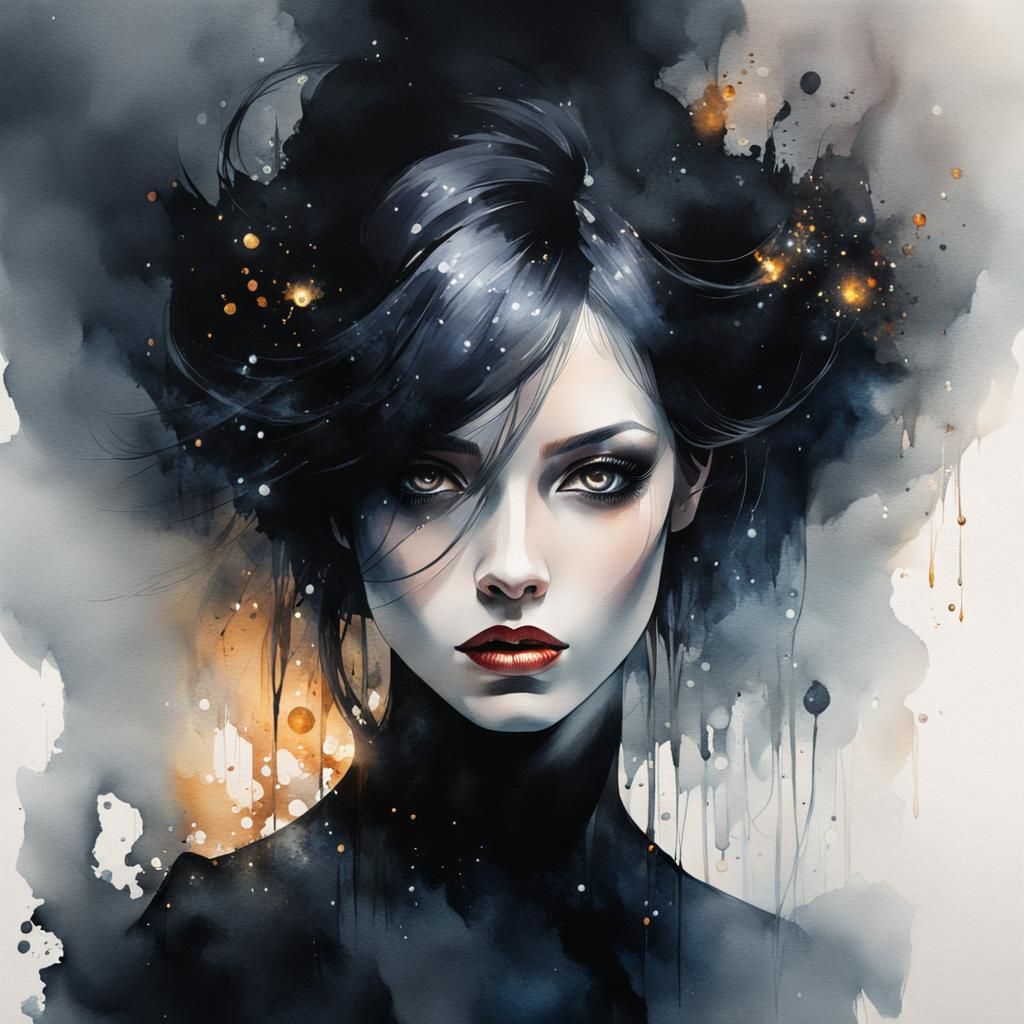 Sinister Beauty: A Dark Fantasy Watercolor Portrait