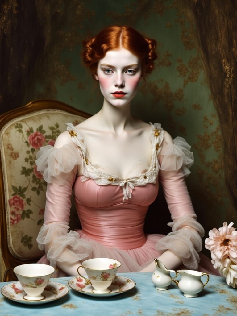 Rococo Girl with Teapot in Hyperrealistic Style