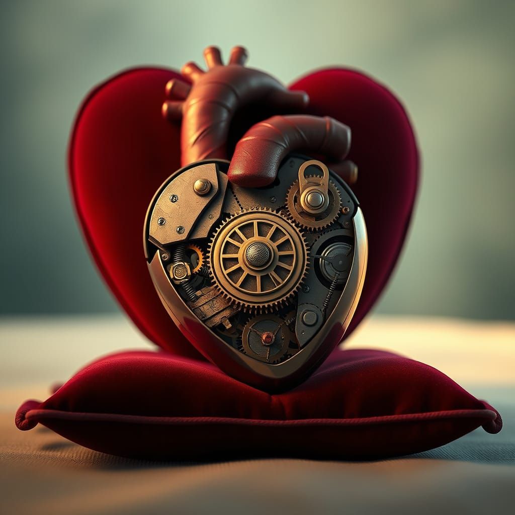 Intricate Clockwork Heart on Velvet Cushion, Surreal Steampu...
