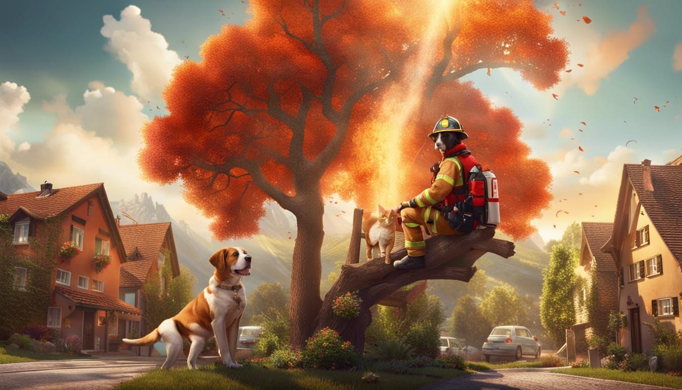 Swiss Mountain Dog Firefighter Rescuing Cat, Matte Painting