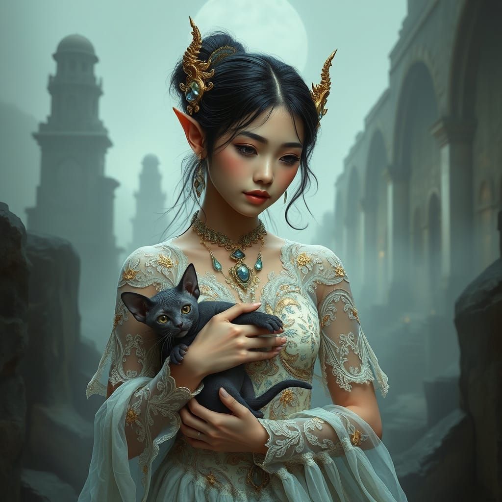 Elf Woman with Kitten in Misty Ruins