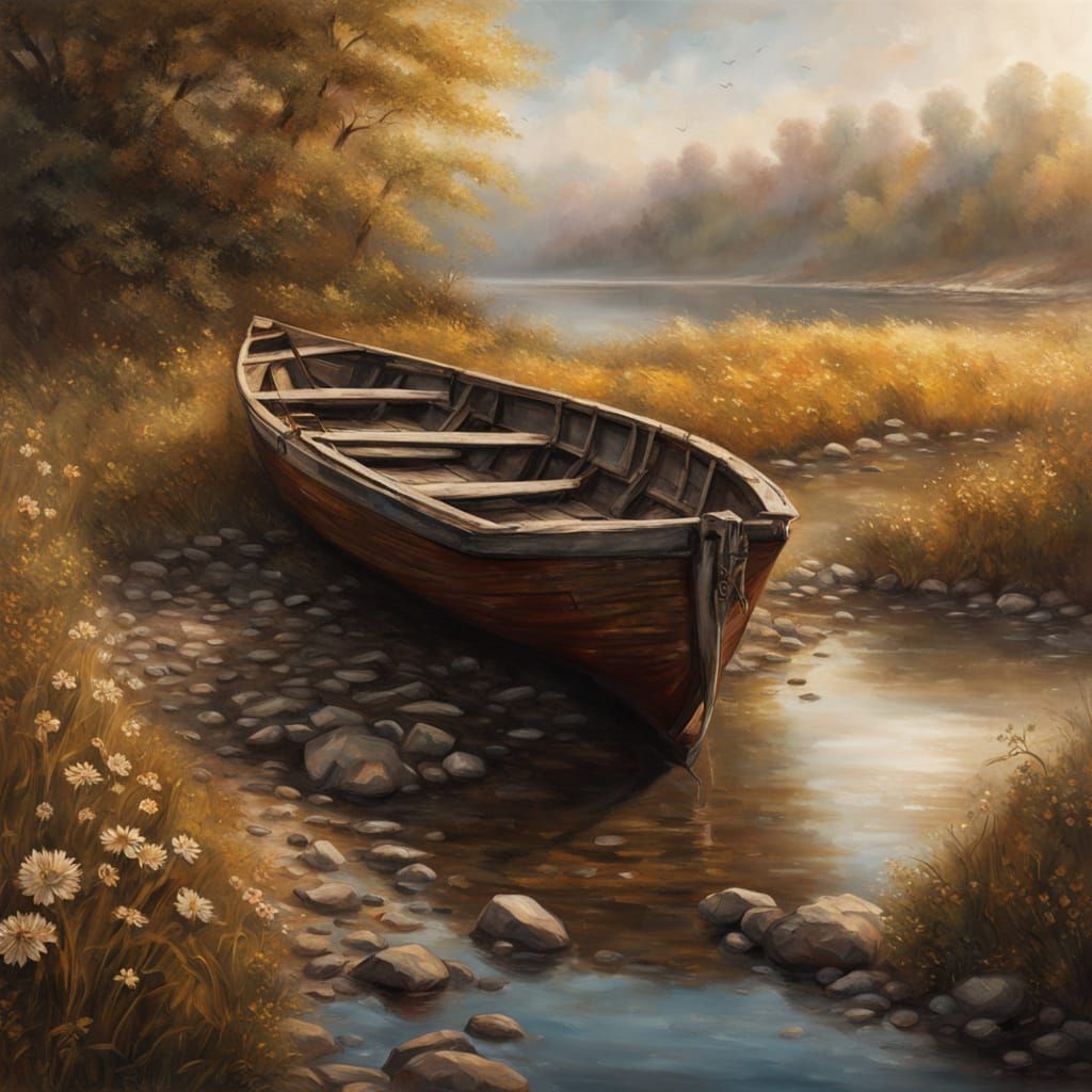 Surrealist Masterpiece: Abandoned Boat in Golden Hour