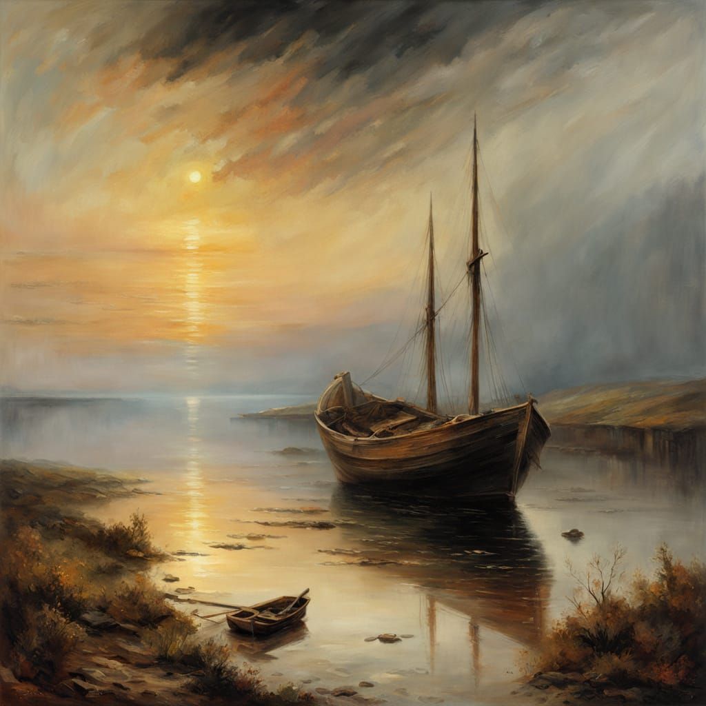 Ethereal Rustic Boat Amidst Sunset Glow