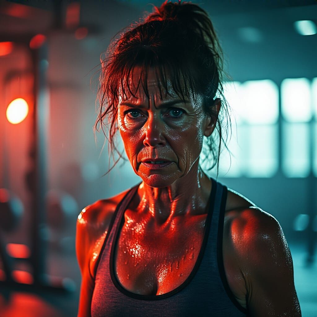 Sweaty Woman in Gym: Cinematic Photo