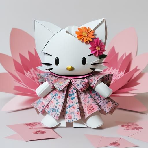 Origami Hello Kitty in Paper Flower Field