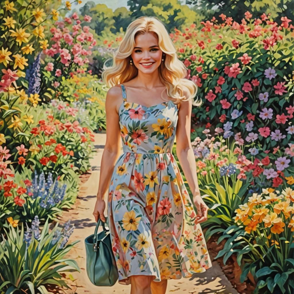Young Woman in Flower Garden, Impressionistic Oil Painting