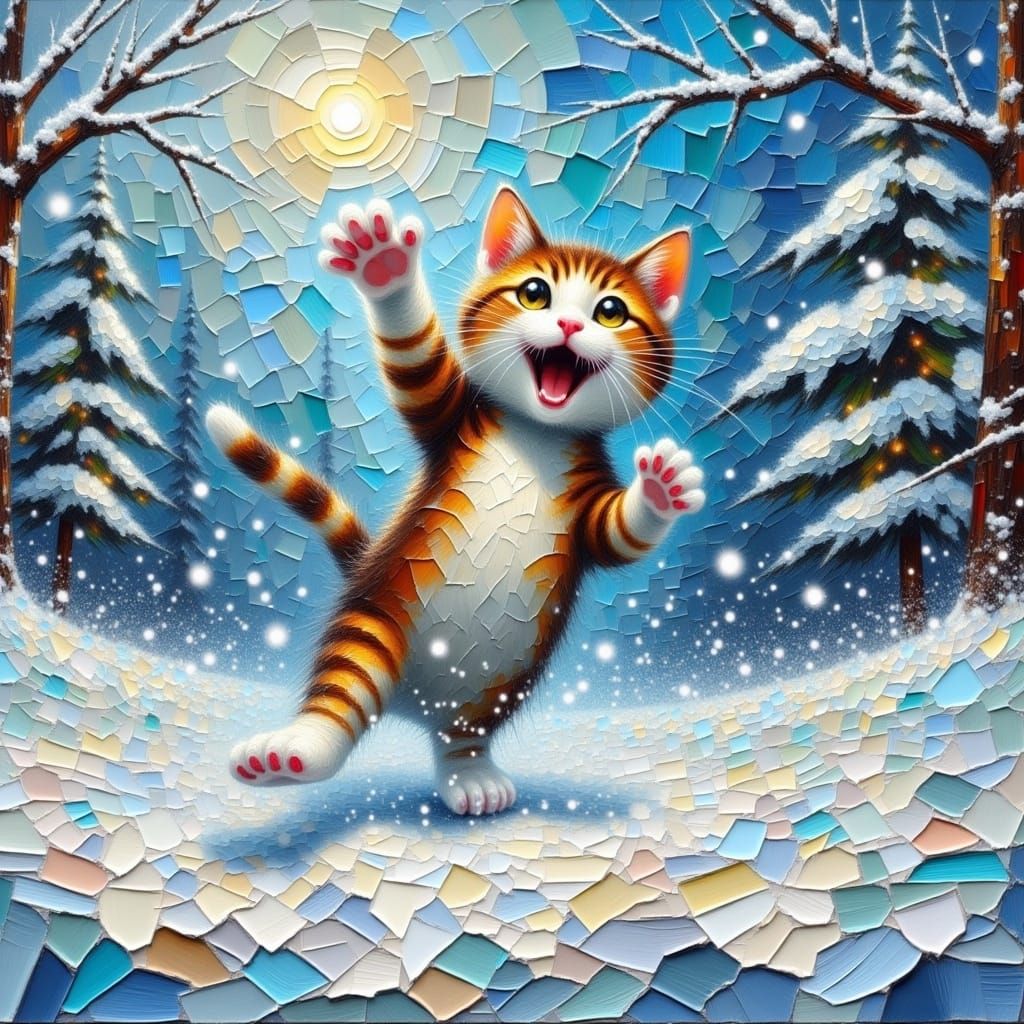 Joyful Tabby Cat Leaps in Winter Wonderland, Impasto Texture...