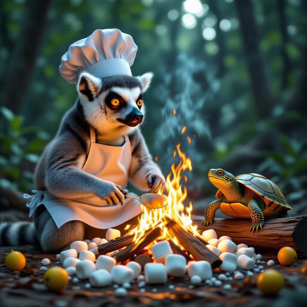 Flaming Lemur Chef Roasts Lemons for Turtle