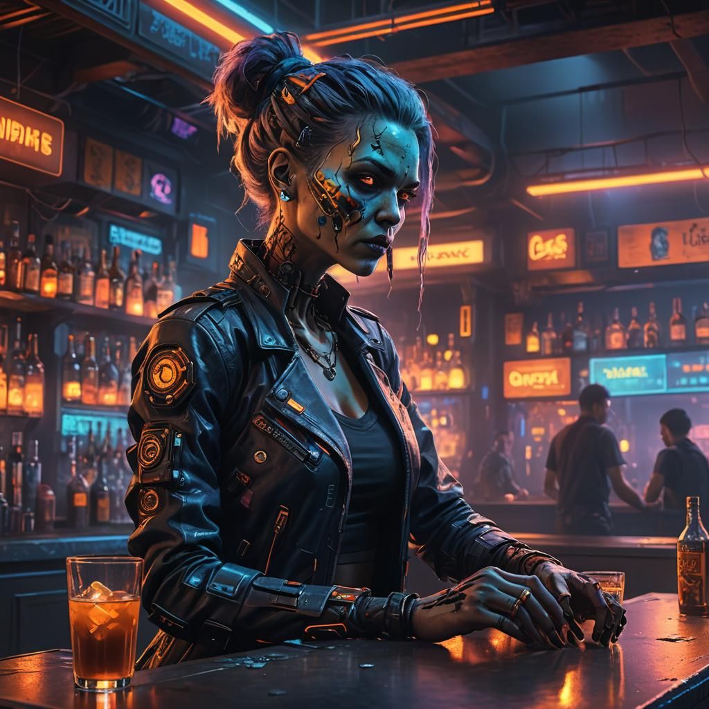Cyberpunk Zombie Woman at Bar with Neon Lights