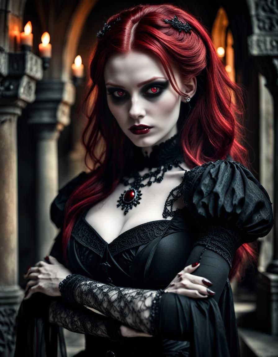 Gothic Redhead Vampire Portrait in Dark Fantasy Style